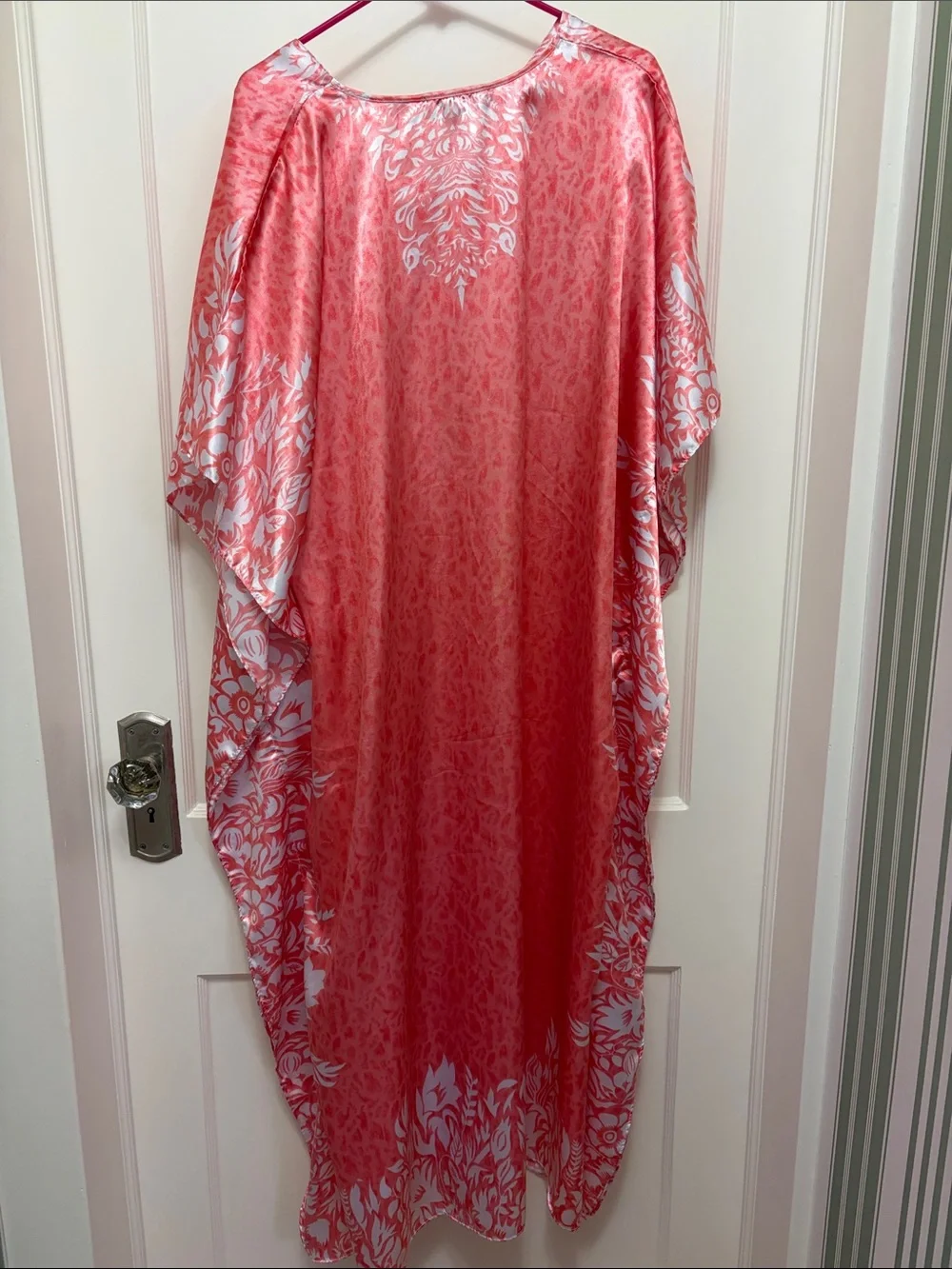 Midnight Velvet Coral Pink Satin Caftan with White Floral Border